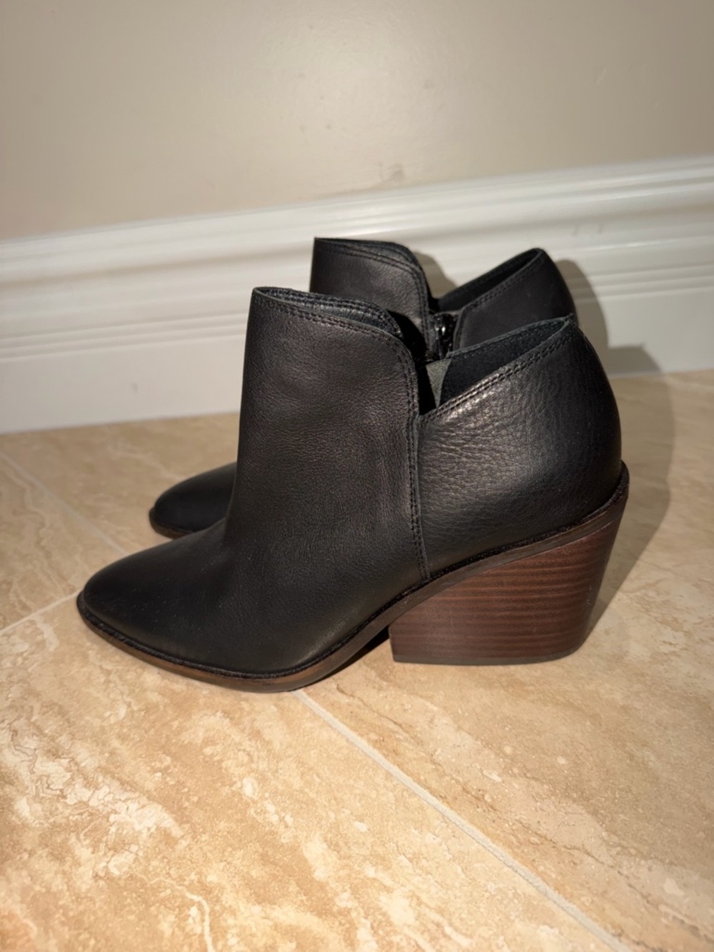 Lucky Brand Black Leather Ankle Booties with Stacked Brown Heel